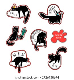 Set of 7 sticker doodle cats with different emotions handmade. Cute funny pets. stay at home with cat. Speech bubble. isolated on white background.