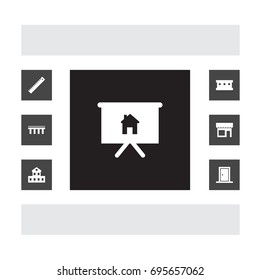 Set Of 7 Structure Icons Set.Collection Of Ruler, Store, Hangar And Other Elements.