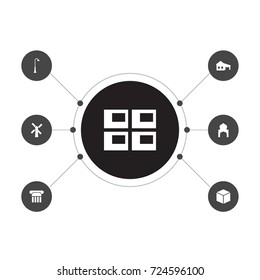 Set Of 7 Structure Icons Set.Collection Of Islamic, Garage, Farm Mill And Other Elements.