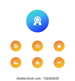Set Of 7 Structure Icons Set.Collection Of Ballpark, Award, Catholic And Other Elements.