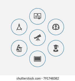 Set Of 7 Studies Icons Set.Collection Of Diplomaed Male, Student, Blackboard And Other Elements.