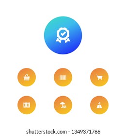 Set of 7 systematization icons set. Collection of shopping, barcode, quality and other elements.