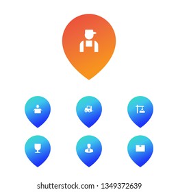 Set of 7 systematization icons set. Collection of warehouse equipment, packaging, employee and other elements.