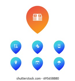 Set Of 7 Systematization Icons Set.Collection Of Umbrella, Money, Trip And Other Elements.