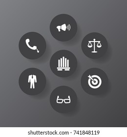 Set Of 7 Trade Icons Set.Collection Of Spectacles, Goal, Building And Other Elements.