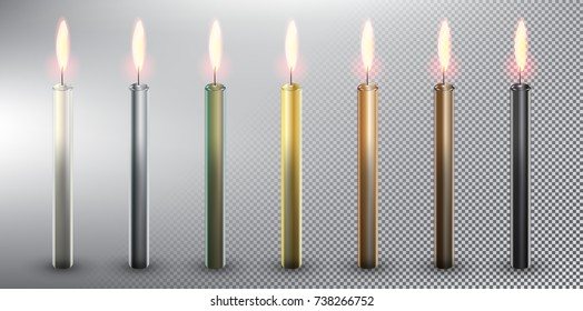 Set of 7 vector candles. Birthday cake candles. Realistic and isolated with transparent burning flame and shadow on the white background. Vector illustration. Eps10.