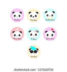 Set of 7 vector circles with panda bear and names of the week days. Perfect for stickers, bullet journalling, scrapbooking, etc.