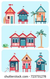 Set of 7 vector different multicolored Beach huts. Vector illustration