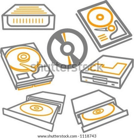 A set of 7 vector icons of computer CD drives, CDs, hard disc and removable rack.