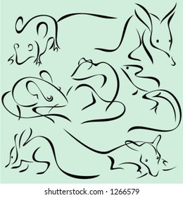 A set of 7 vector illustrations of animals in unique exquisite and ornamental style.