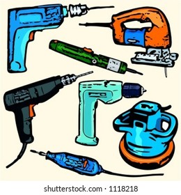A set of 7 vector illustrations of power tools.