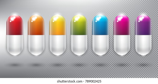 Set of 7 vector medical pills. Capsules in 7 different colors . Isolated and transparent with realistic glass shine and shadow on the light background. Vector illustration. Eps10.