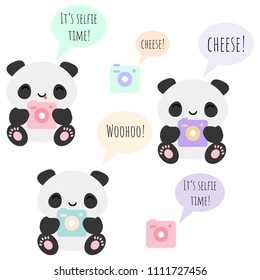 Set of 7 vector objects with kawaii panda bears and photo camera for your bullet journal stickers, scrapbooking, web, etc.