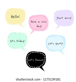 Set of 7 vector speech bubbles with phrases, perfect for bullet journal stickers, scrapbooking, etc.