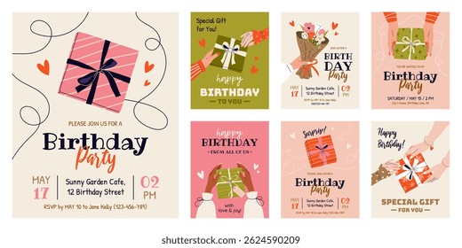 Set of 7 vertical birthday greeting cards and party invitations. Festive templates for celebrating an anniversary with text and wishes. Female hands holding gift boxes, bouquet of flowers. Vector.