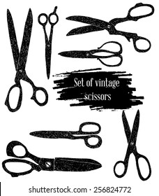 Set of 7 vintage scissors. Hand draw vector objects.