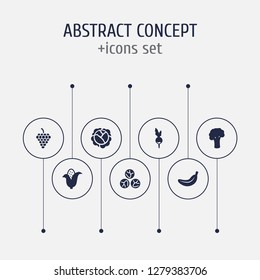 Set of 7 vitamin icons set. Collection of corn, grape, brussels sprouts and other elements.