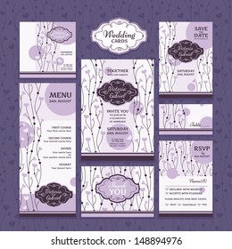 Set 7 of wedding cards. Wedding invitations, Thank you card, Save the date card, Table card, RSVP card and Menu.