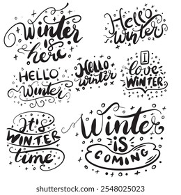 Un conjunto de 7 diseños de texto de invierno con frases festivas, Fuentes elegantes, copos de nieve y Elementos de temporada, ideales para crear tarjetas de vacaciones, promociones de invierno o diseños digitales acogedores.