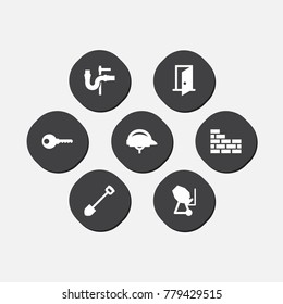 Set Of 7 Work Icons Set.Collection Of Cement Machine, Entrance, Brick Wall And Other Elements.