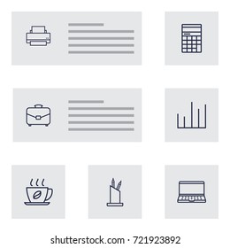 Set Of 7 Work Outline Icons Set.Collection Of Portfolio, Pen Storage, Notebook And Other Elements.