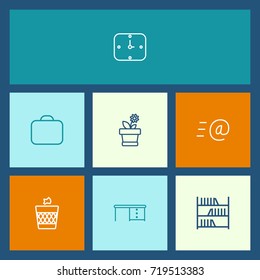 Set Of 7 Workspace Outline Icons Set.Collection Of Bookshelf, Briefcase, Wastebasket And Other Elements.