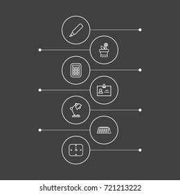 Set Of 7 Workspace Outline Icons Set.Collection Of Badge Id, Calendar, Flowerpot And Other Elements.
