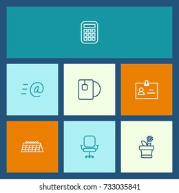 Set Of 7 Workspace Outline Icons Set.Collection Of Calendar, Calculator, Chair And Other Elements.