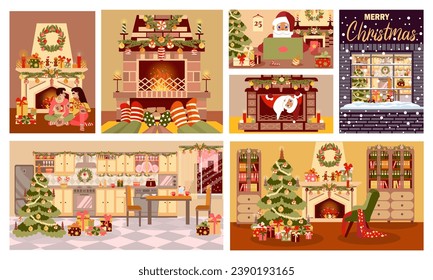 Set of 7 xmas illustrations for holiday banners and postcards in a flat cartoon style, 7 cozy celebration interiors of the living room kitchen and study with Santa Claus, Christmas tree, and people.