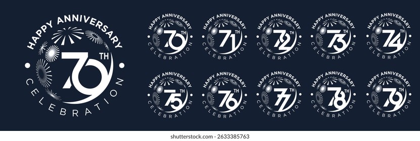 Conjunto de 70 a 79 aniversario de diseño de logotipo, con fuegos artificiales de color blanco para la celebración de eventos, bodas y cumpleaños, Ilustración vectorial