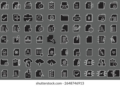 Set of 70+ business document and healthcare flat icons including files, charts, forms, medical, security, and checklist elements with transparent background