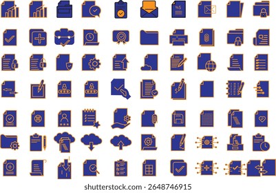 Set of 70+ business document and healthcare flat icons including files, charts, forms, medical, security, and checklist elements with transparent background