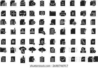 Set of 70+ business document and healthcare flat icons including files, charts, forms, medical, security, and checklist elements with transparent background