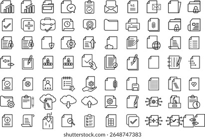 Set of 70+ business document and healthcare flat icons including files, charts, forms, medical, security, and checklist elements with transparent background
