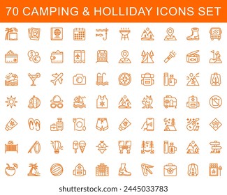 set of 70 camp and holliday line icons. direction, lamp, map, outline, recreation, tool, fire, photo, camera, hiking, location, pictogram, first aid, pointer, trekking, kit, route, survival