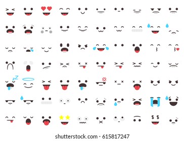 Set of 70 emojis faces and expressions on a modern flat style