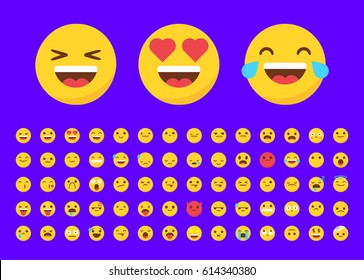 Set of 70 emojis in flat style on a purple background