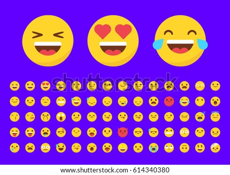 Set of 70 emojis in flat style on a purple background