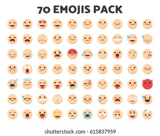 Set of 70 emojis in a modern flat style and with white human skin tone