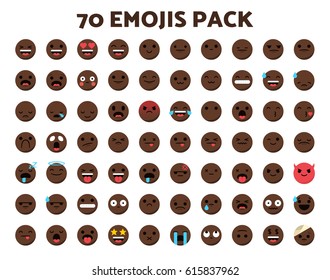 Set of 70 emojis in a modern flat style and with black human skin tone