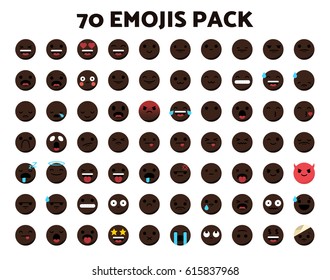 Set of 70 emojis in a modern flat style and with black human skin tone