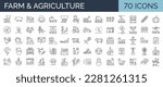 Set of 70 line icons related to farm, farming, gardening, agriculture, smart farm,  farm animals, seeding. Outline symbols collection. Editable stroke. Vector illustration