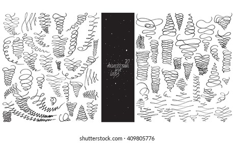 Set of 70 loop flourishes, made with hand, nib and liquid ink, freehand, ornate in different directions. Vector black and white illustration, good for creative designs, drawn with imperfections.