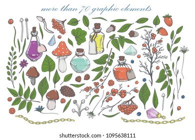 set of 70 magic items, hand-drawn online art. Old Vector Illustration