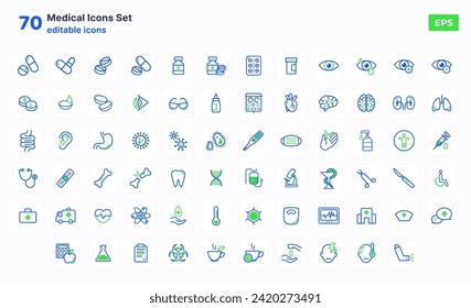Set of 70 Medicine and Healthcare icons UI vector. Ambulance, hospital, organs, pills, bacterias, corona, viruses, sanitazor, aid kit. 