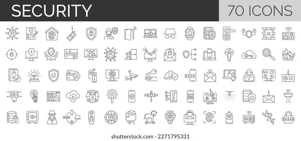 Set of 70 Protection and Security Vector Line Icons. Data,Technology, Cyber Security. Editable use and stroke