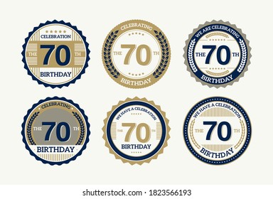 establecer sellos redondos de cumpleaños a 70 años con diferentes iconos, ilustración vectorial
