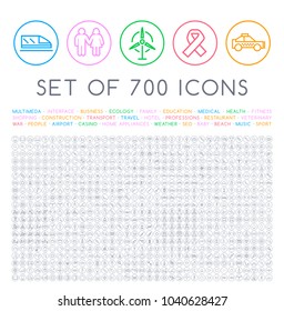 Set of 700 Minimal Universal Isolated Modern Elegant Thin Line Icons on Circular Buttons on White Background . Isolated Vector Elements
