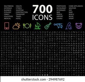 Set of 700 Minimal Universal Isolated Modern Elegant Neon Color Thin Line Icons on Black Background.