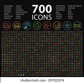 Set of 700 Minimal Universal Isolated Modern Elegant Neon Color Thin Line Icons on Circular Buttons on Black Background.